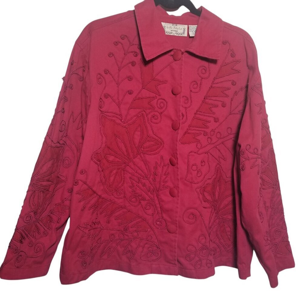 Women's Red Cotton Embroidered Jacket Sz 2X